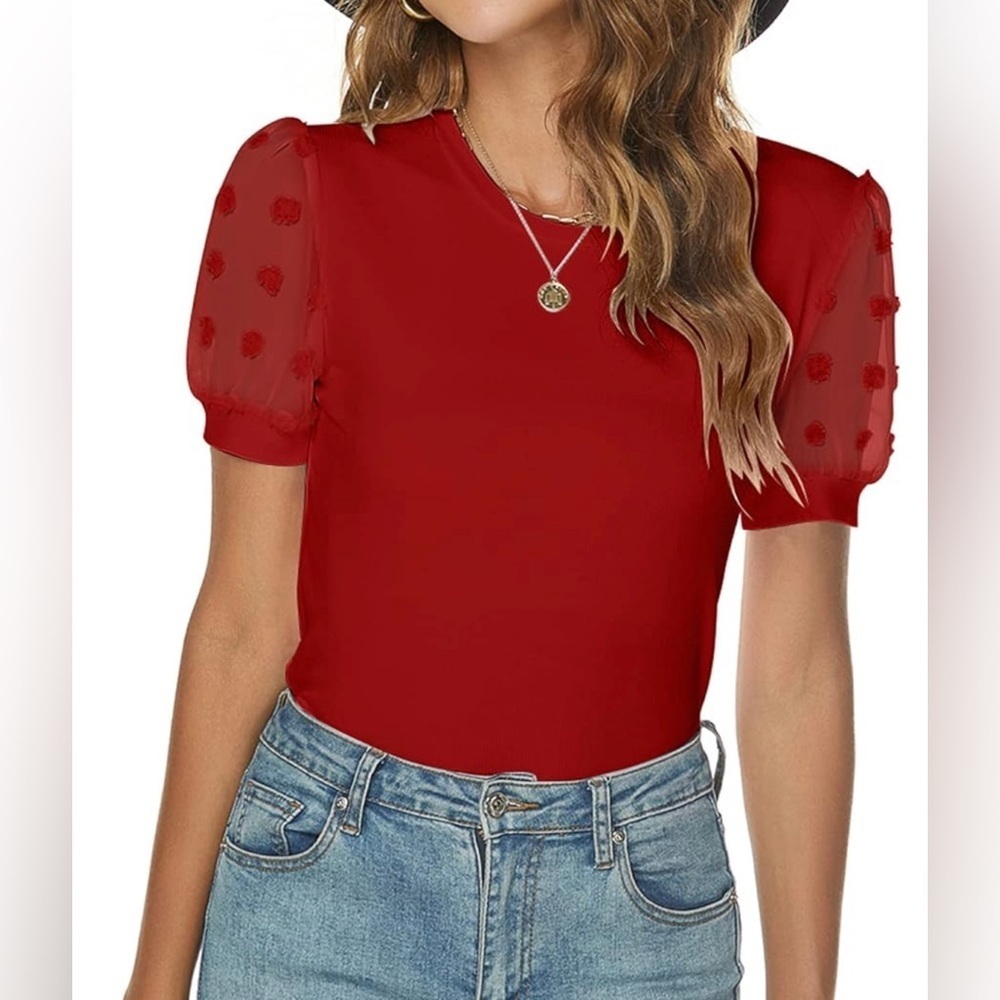 Red Sheer Puff Sleeve Blouse XXL Cottagecore Romantic Chic Top - Picture 3 of 9